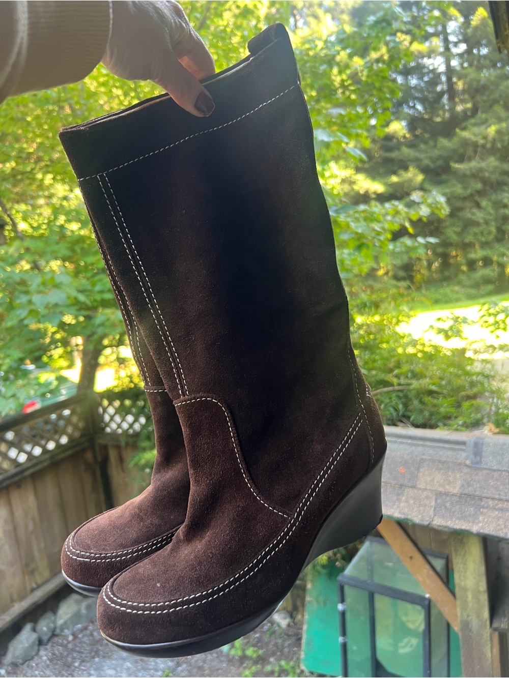 CROCS Brown Suede Leather Mid-Calf Wedge Boots Stylish Comfort